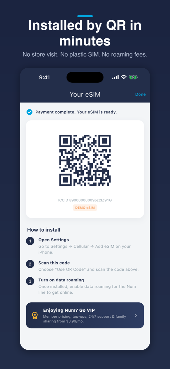 eSIM activation QR code with install instructions in the Num app